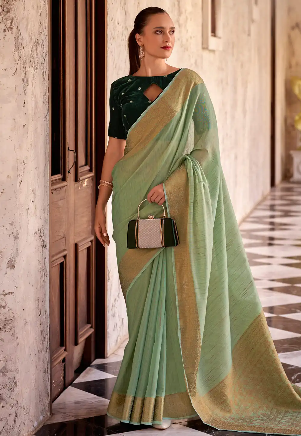 Pista Green Linen Saree With Blouse 291582