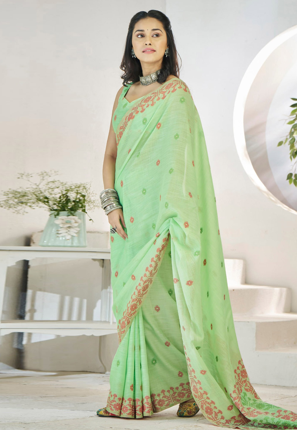 Pista Green Linen Saree With Blouse 305797