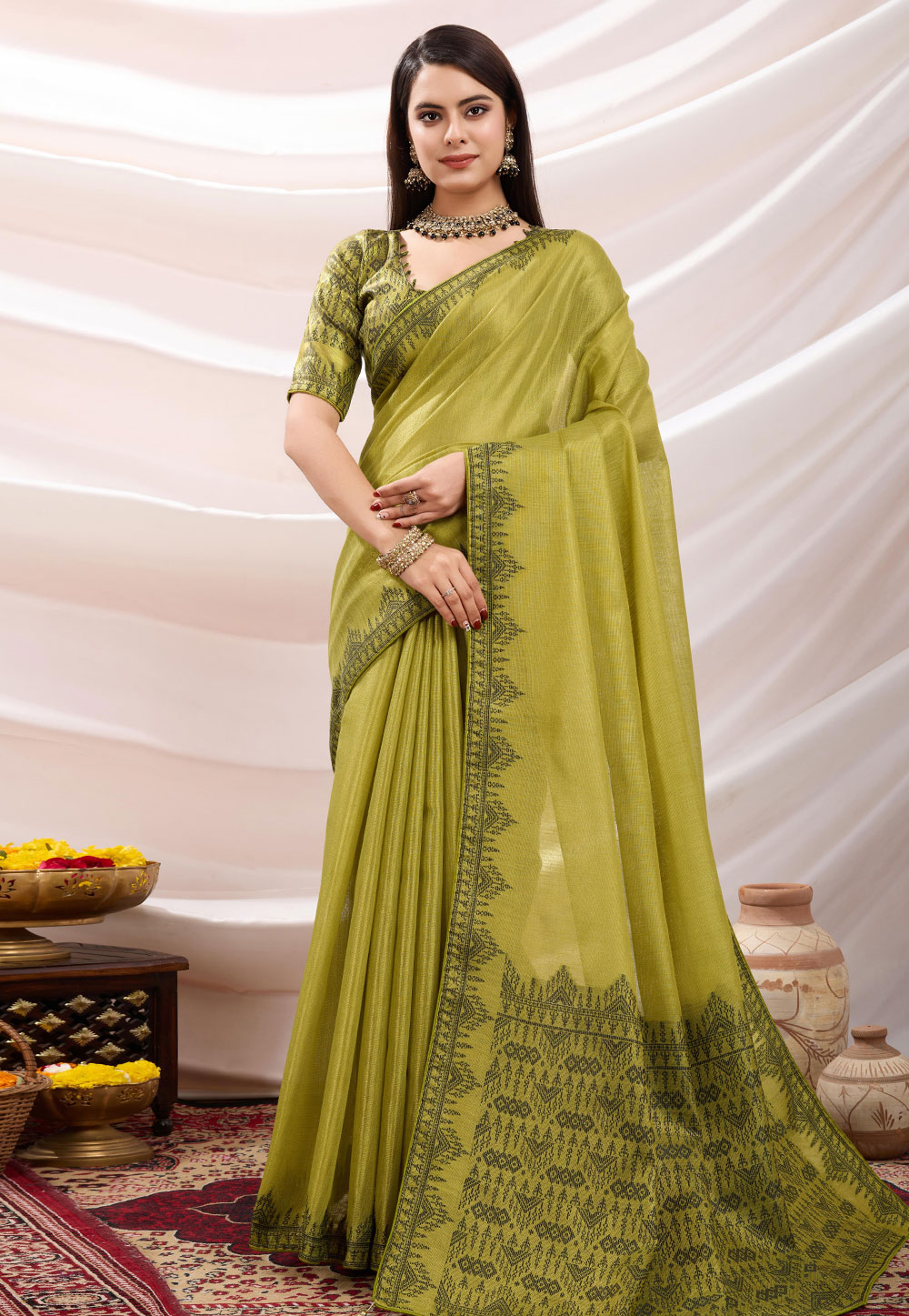 Pista Green Linen Saree With Blouse 305628