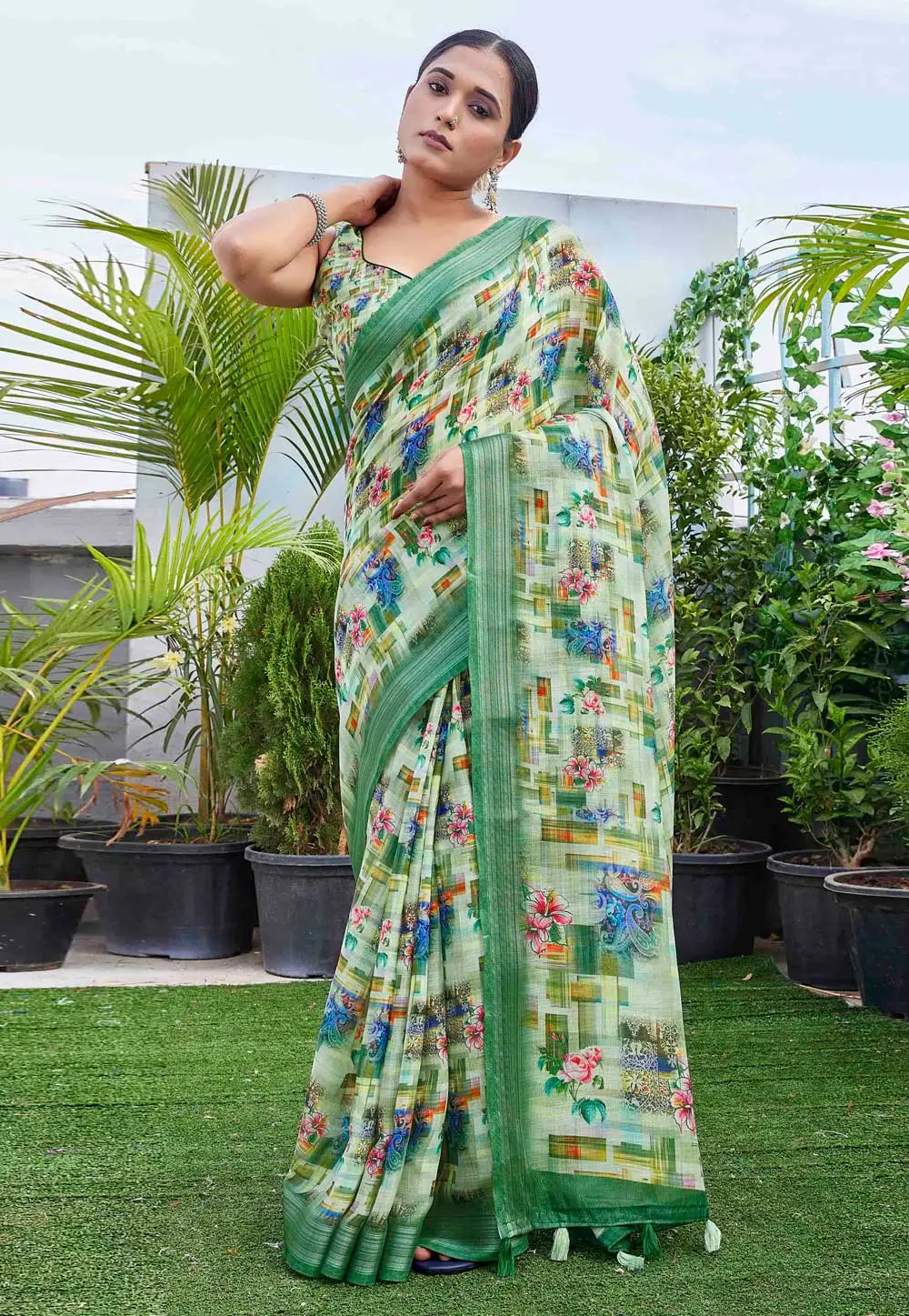 Pista Green Linen Saree With Blouse 296061