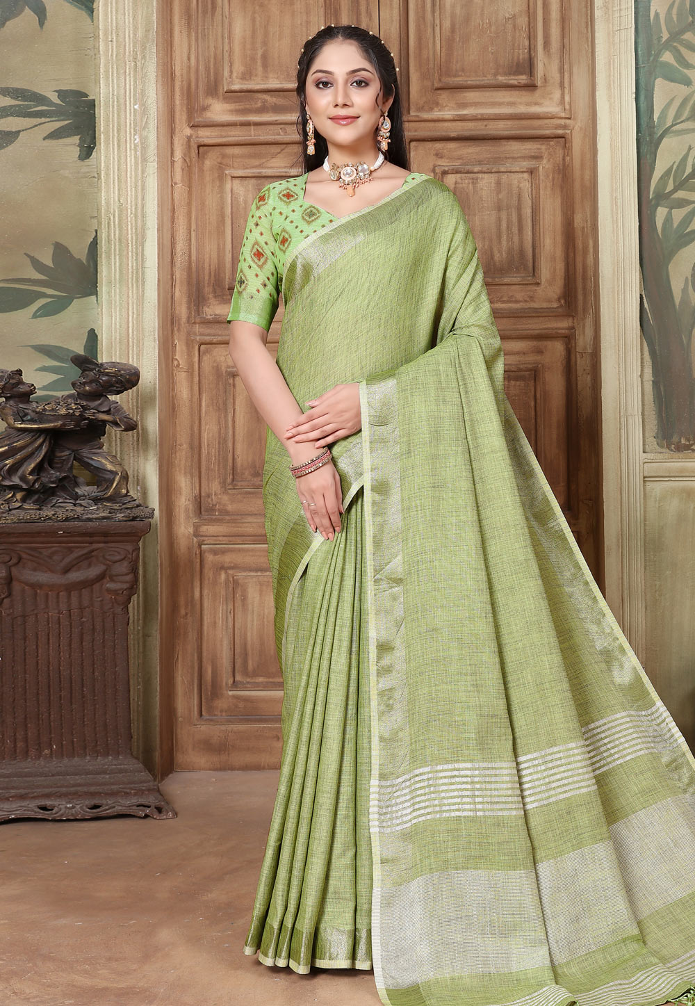 Pista Green Linen Saree With Blouse 279760
