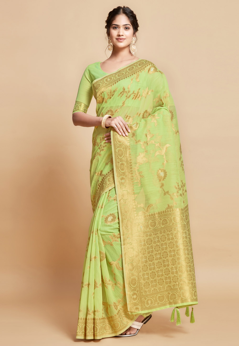 Pista Green Linen Saree With Blouse 279776