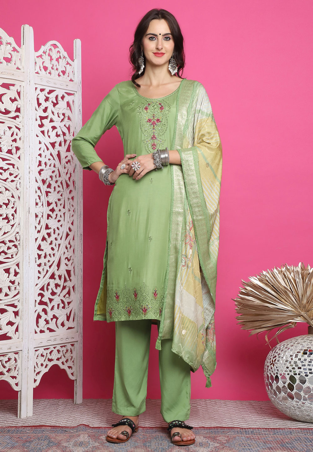Pista Green Muslin Pakistani Suit 310114