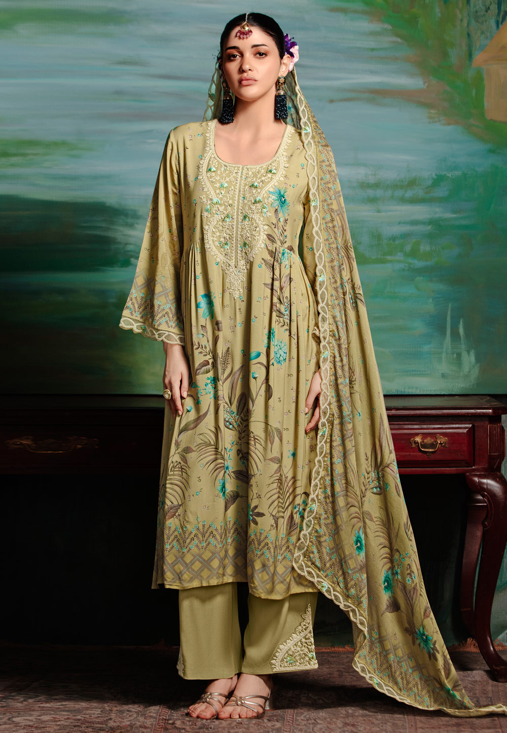 Pista Green Muslin Pakistani Suit 305086