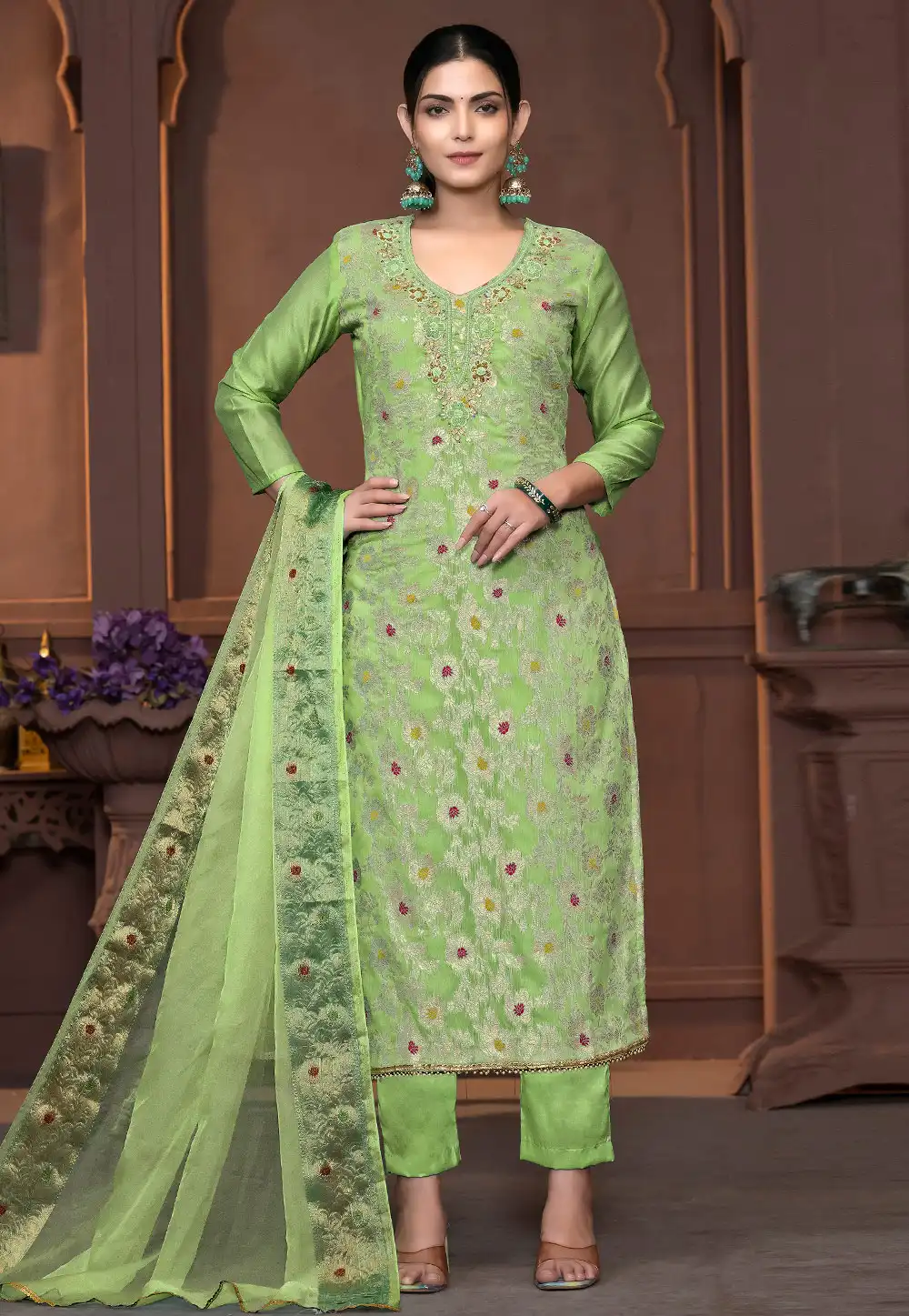 Pista Green Muslin Pant Style Suit 294176