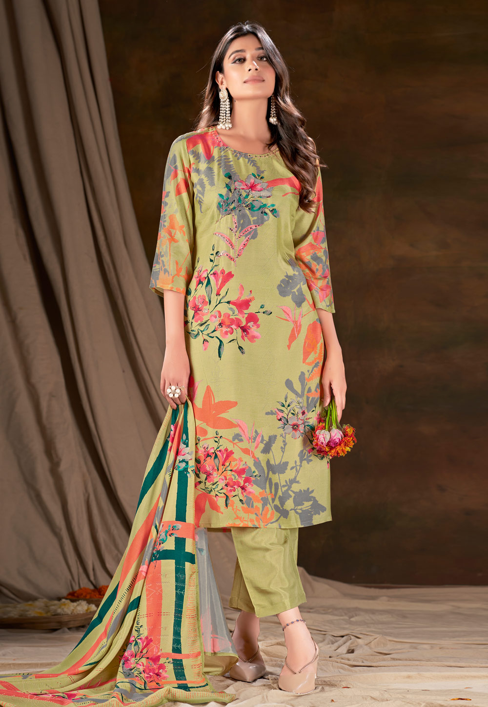 Pista Green Muslin Readymade Pakistani Suit 281870