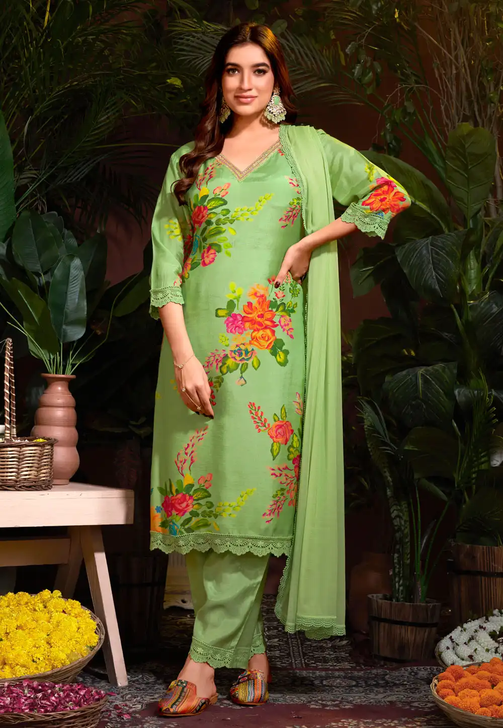 Pista Green Muslin Readymade Pant Style Suit 288134