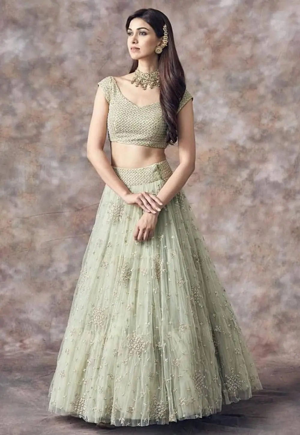 Pista Green Net A Line Lehenga Choli 303862