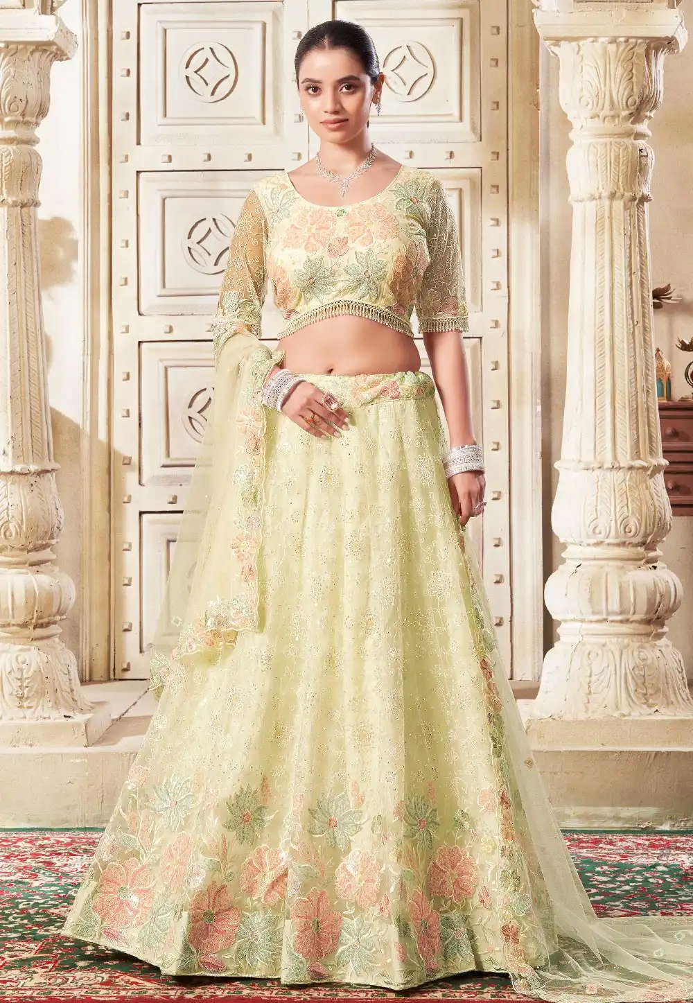 Pista Green Net A Line Lehenga Choli 294450