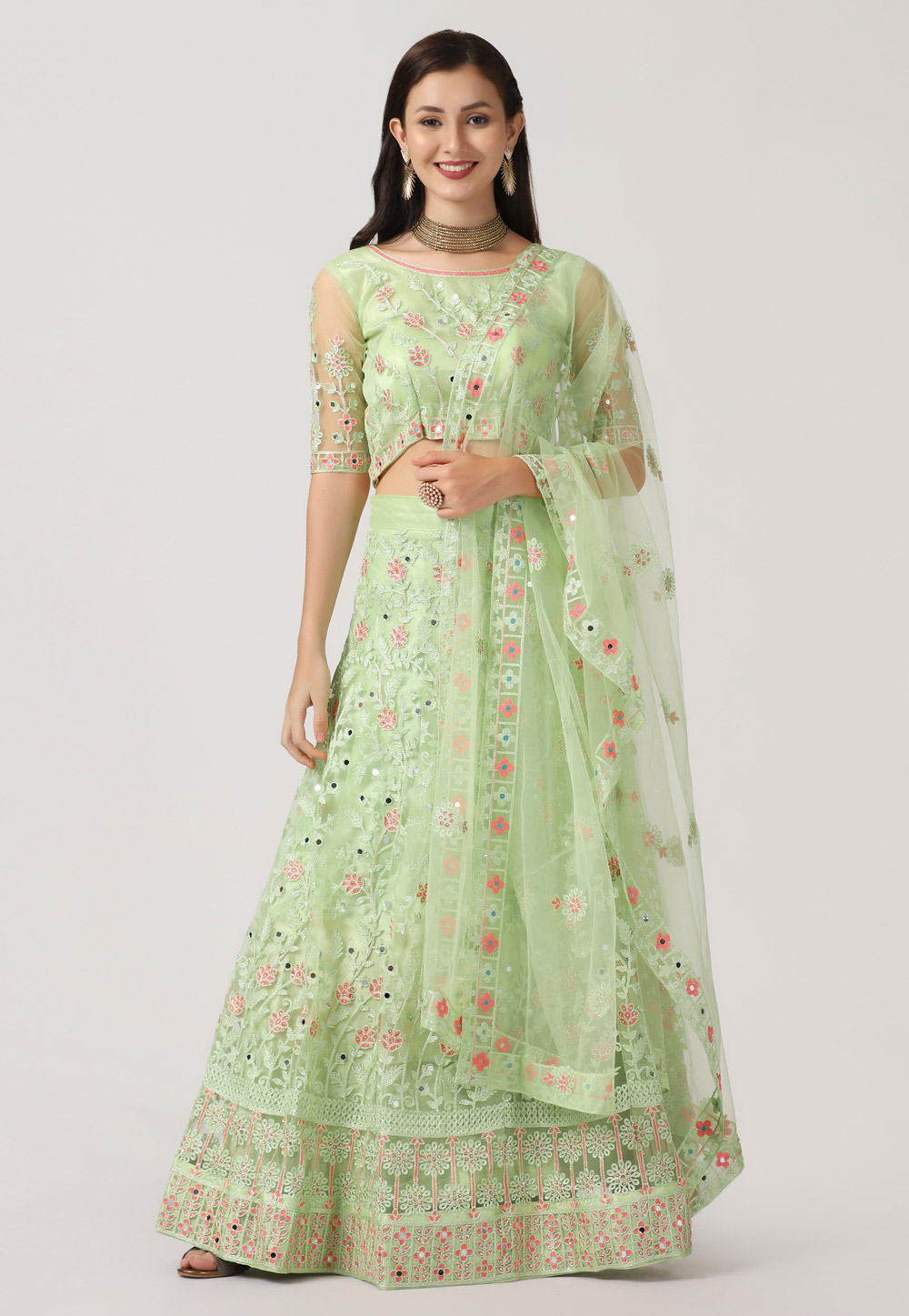 Pista Green Net A Line Lehenga Choli 286069