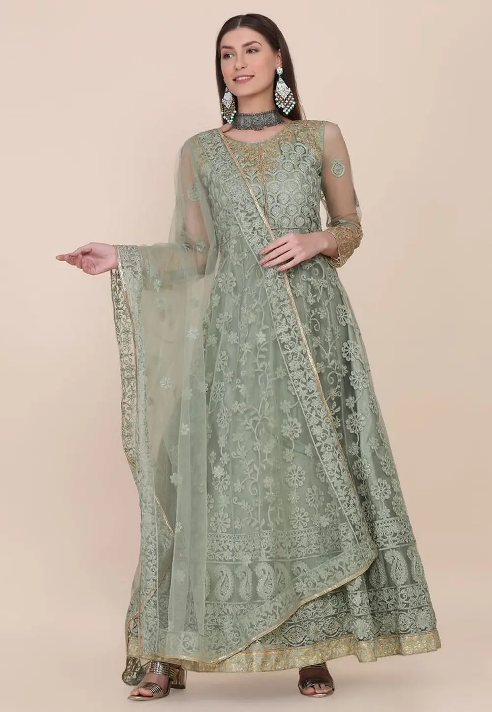 Pista Green Net Anarkali Suit 301136