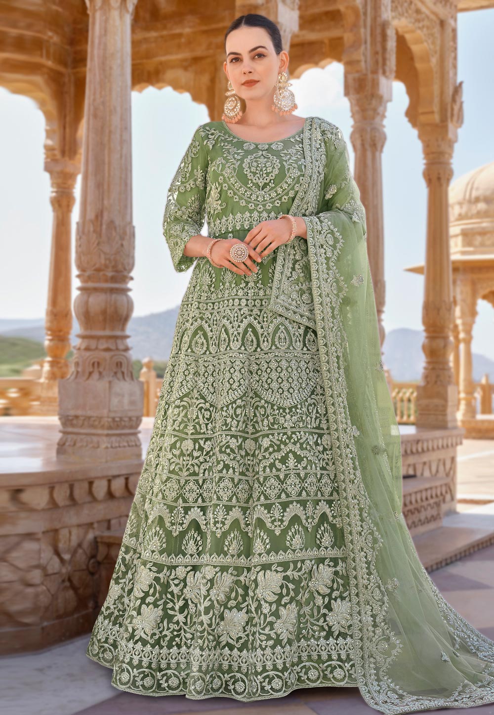 Pista Green Net Embroidered Anarkali Suit 282461