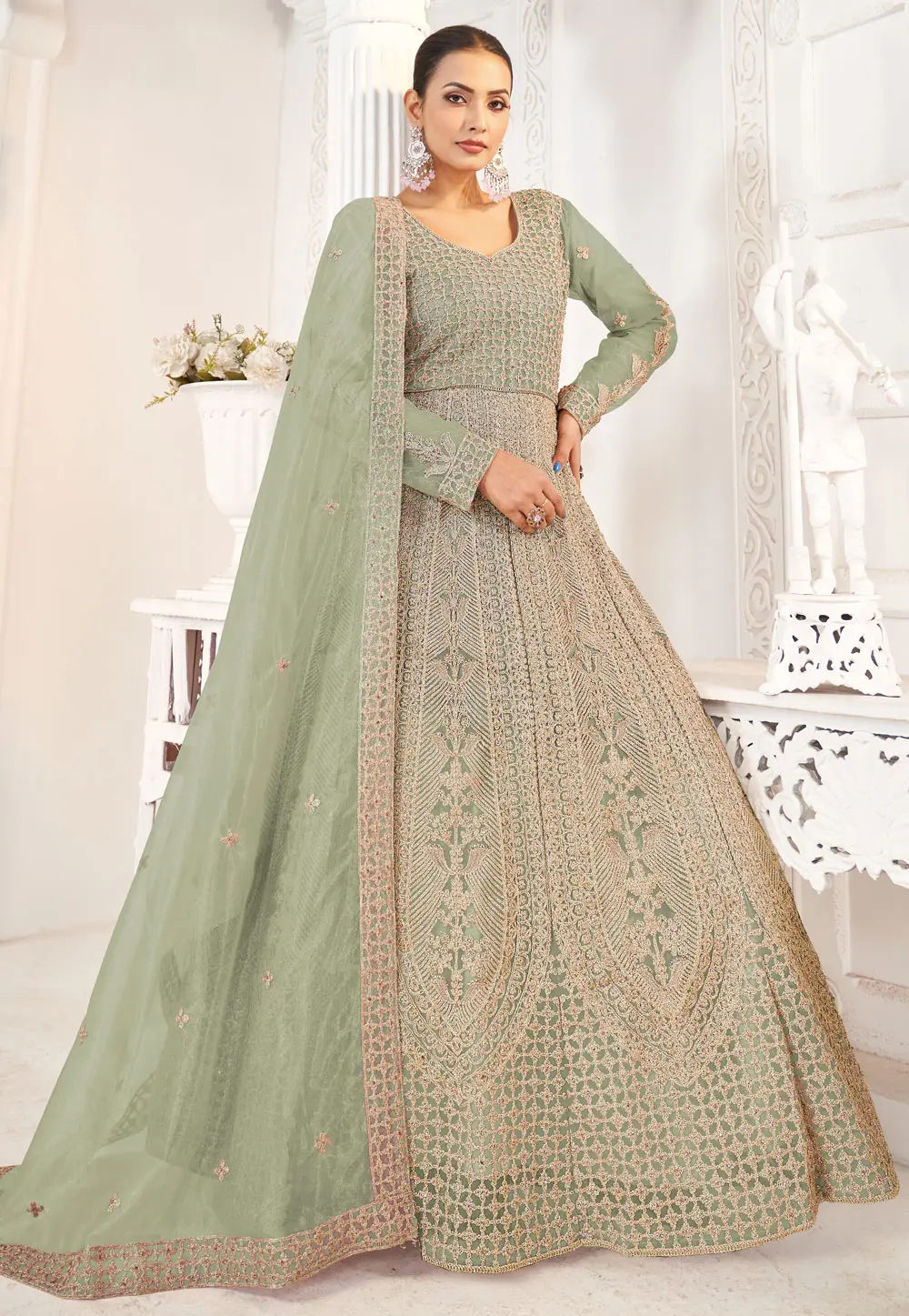 Pista Green Net Embroidered Anarkali Suit 304591