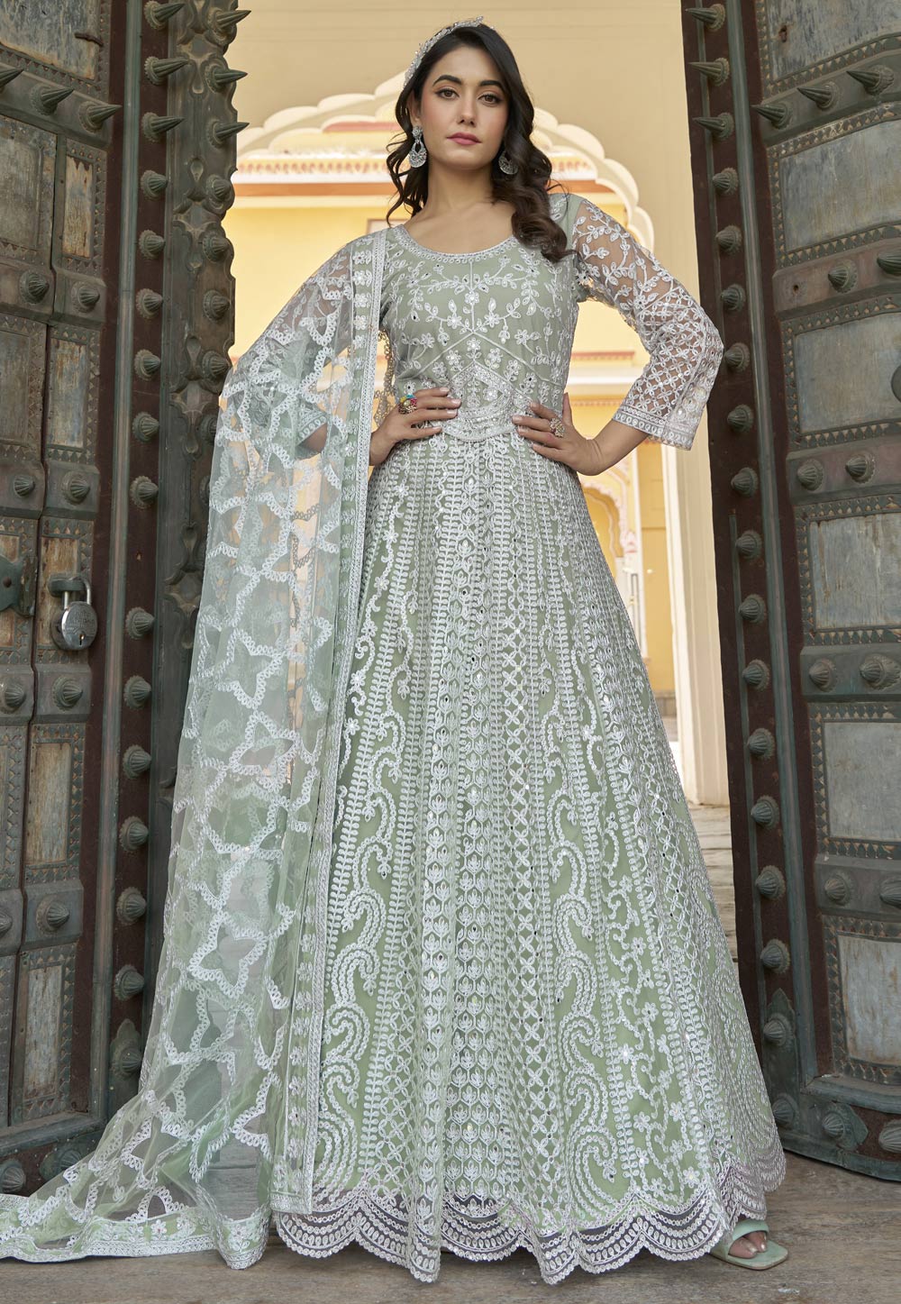 Pista Green Net Embroidered Anarkali Suit 310496