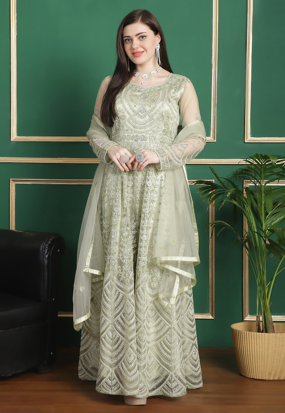 Pista Green Net Embroidered Anarkali Suit 309902