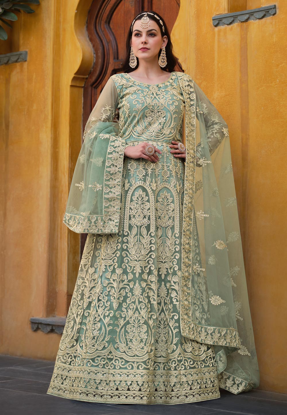 Pista Green Net Embroidered Floor Length Anarkali Suit 286000