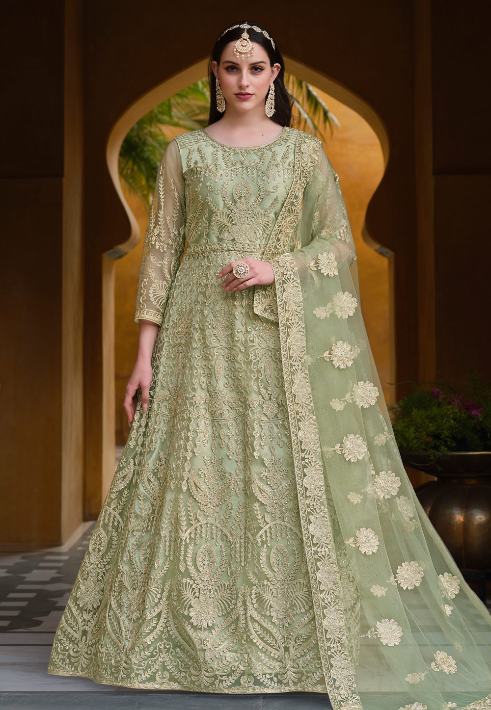 Pista Green Net Embroidered Long Anarkali Suit 285997