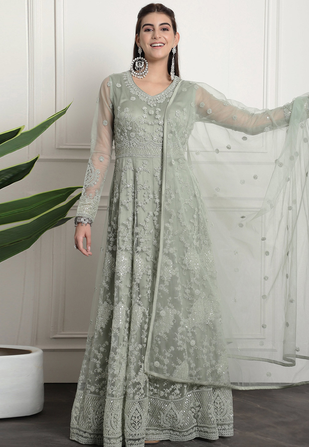 Pista Green Net Embroidered Long Anarkali Suit 310727