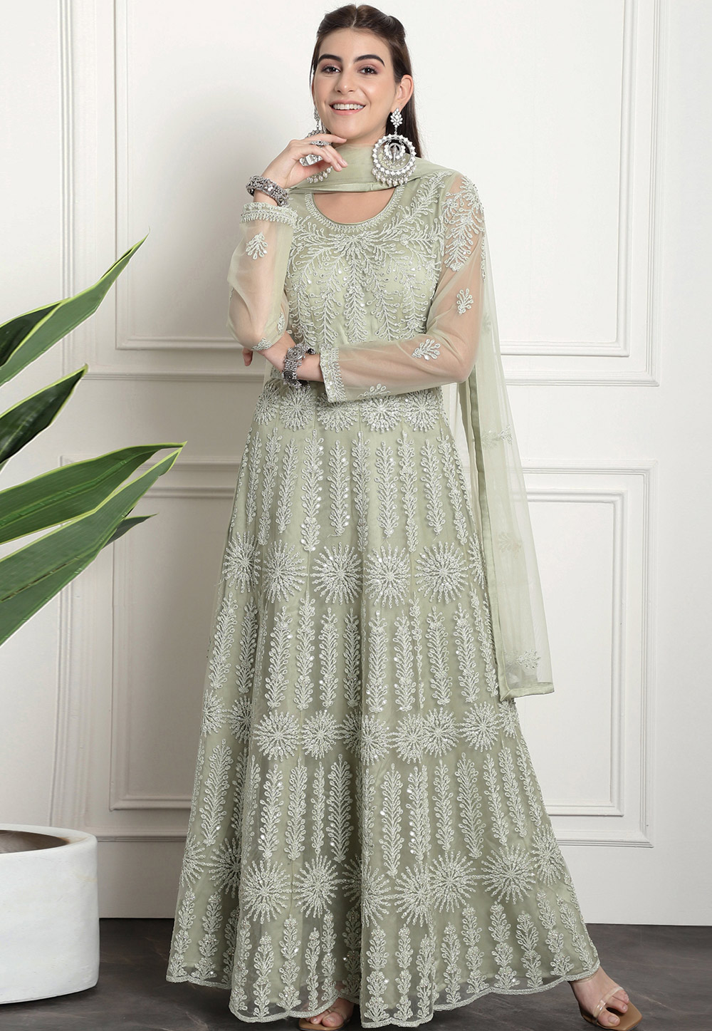 Pista Green Net Embroidered Long Anarkali Suit 310731