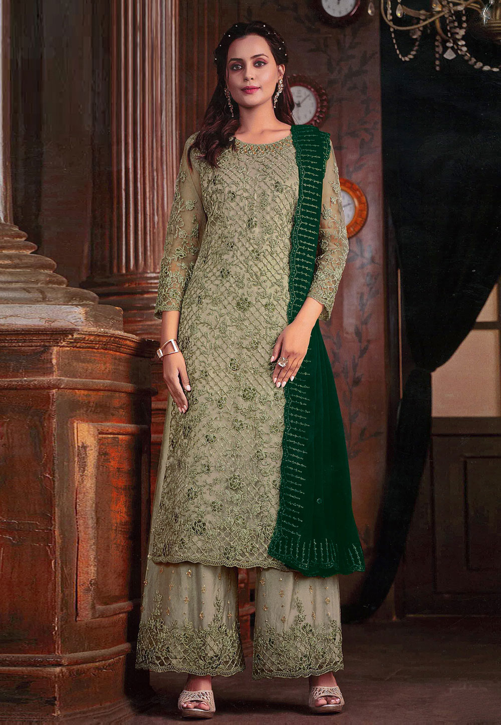 Pista Green Net Embroidered Pakistani Suit 284415
