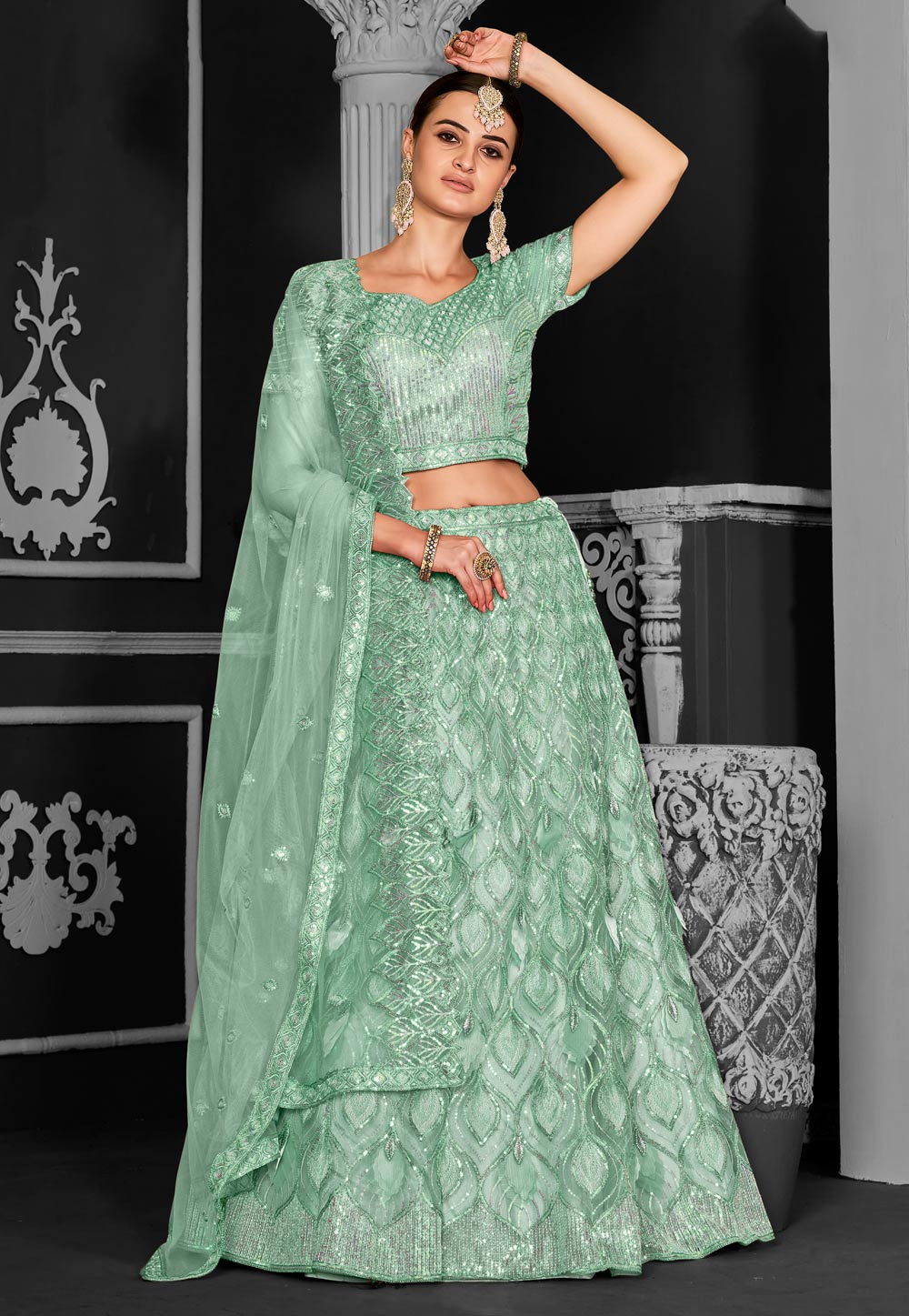 Pista Green Net Lehenga Choli 310230
