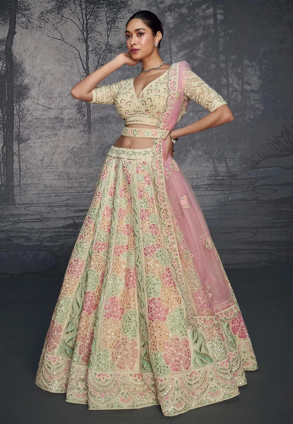 Pista Green Net Lehenga Choli 297341