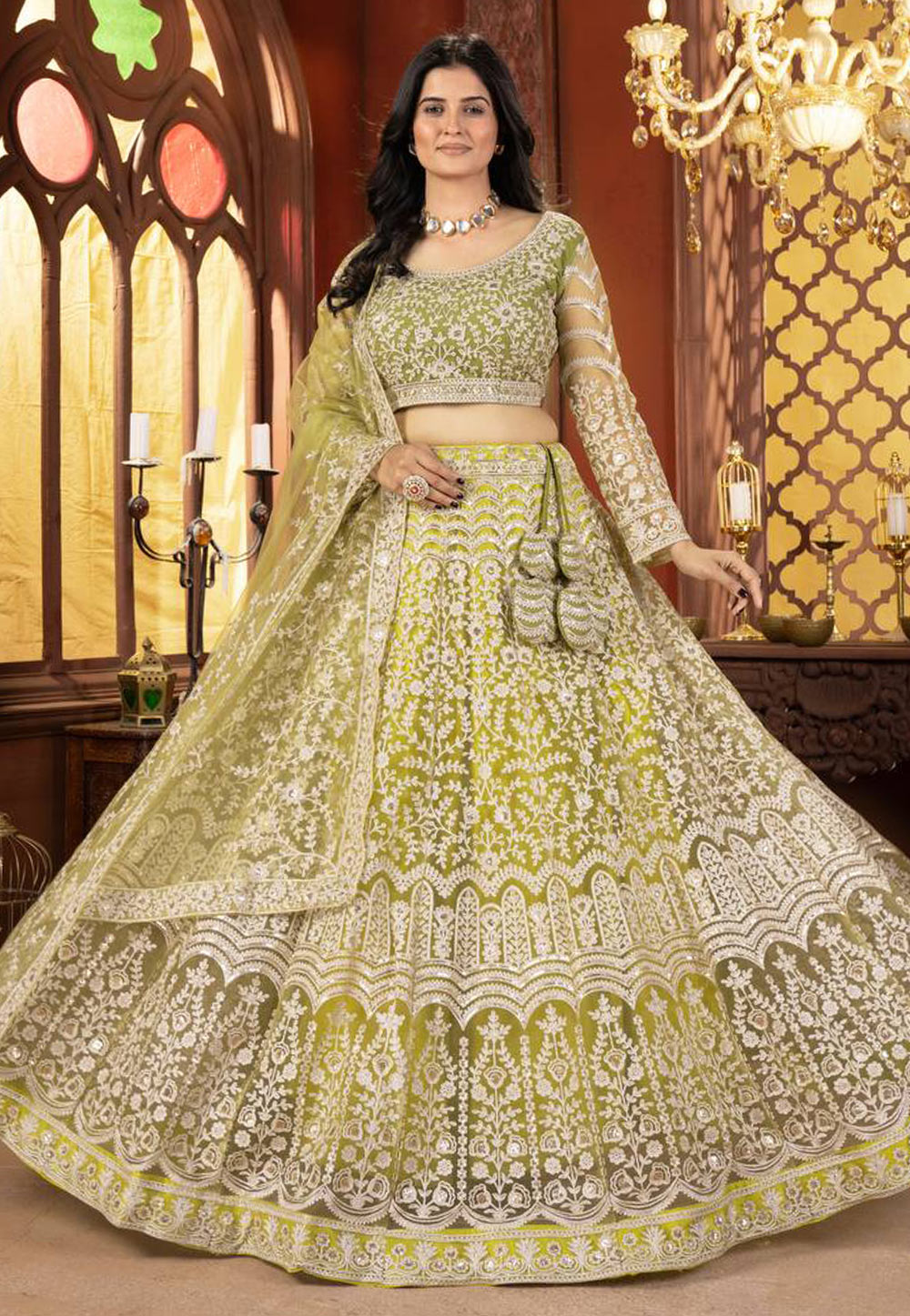 Pista Green Net Lehenga Choli 309744