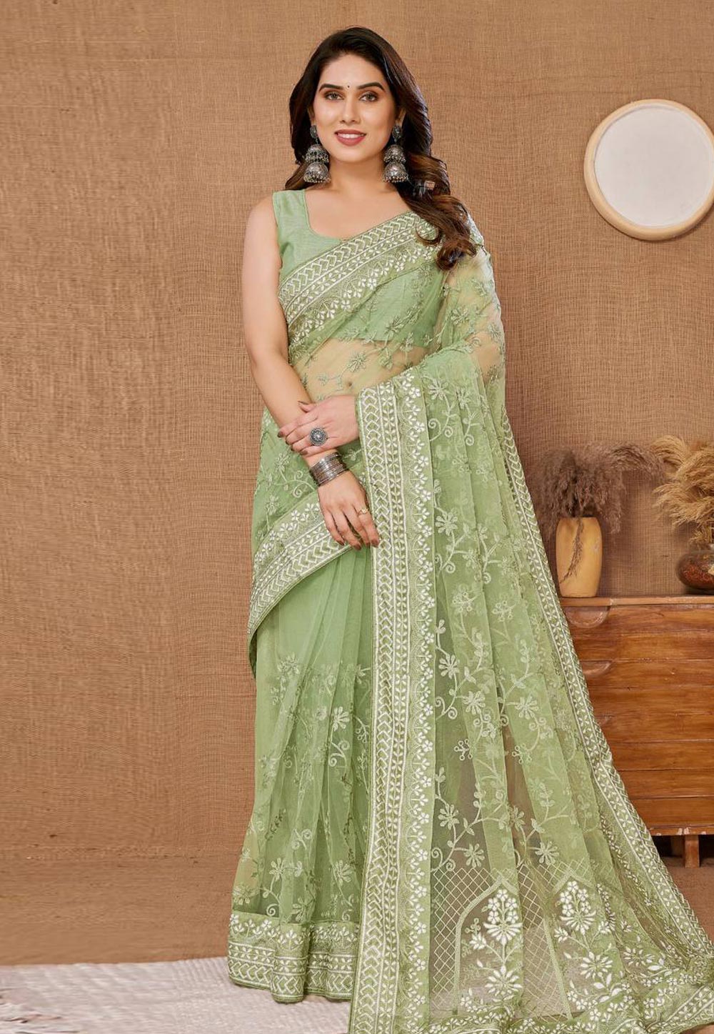 Pista Green Net Saree With Blouse 285210