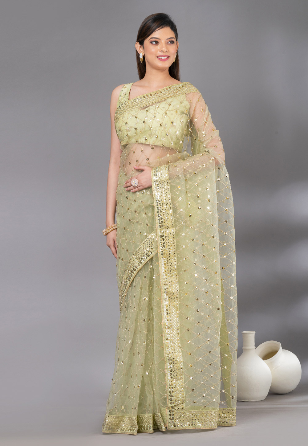 Pista Green Net Saree With Blouse 279018