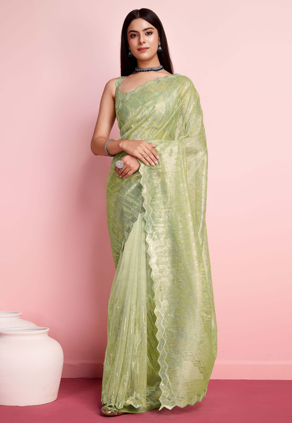 Pista Green Net Saree With Blouse 287167