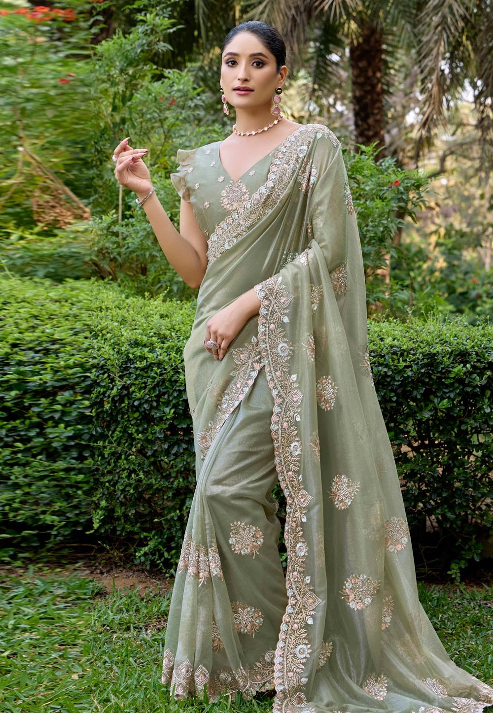 Pista Green Net Saree With Blouse 305657