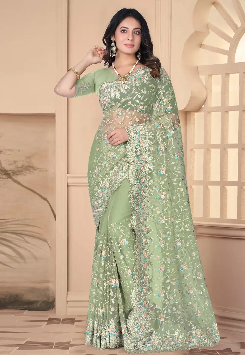 Pista Green Net Saree With Blouse 288264