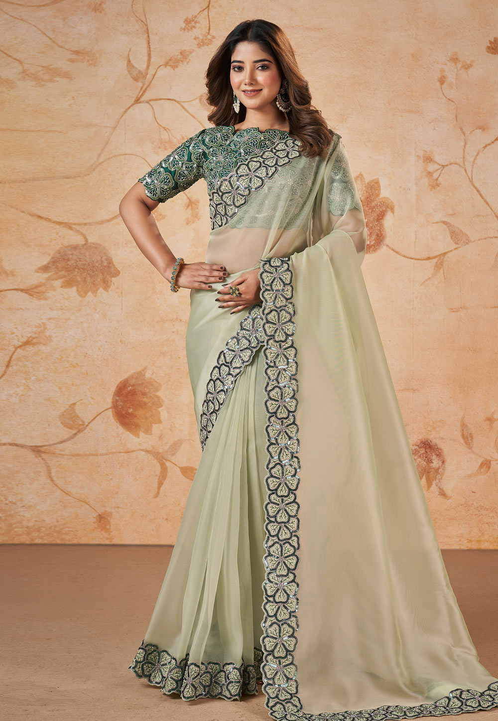 Pista Green Net Saree With Blouse 282878