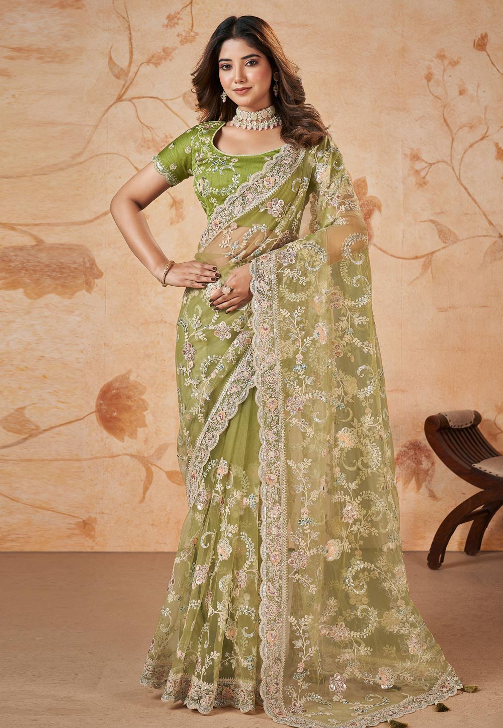 Pista Green Net Saree With Blouse 282881