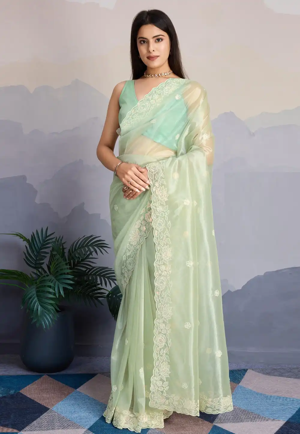 Pista Green Net Saree With Blouse 293889