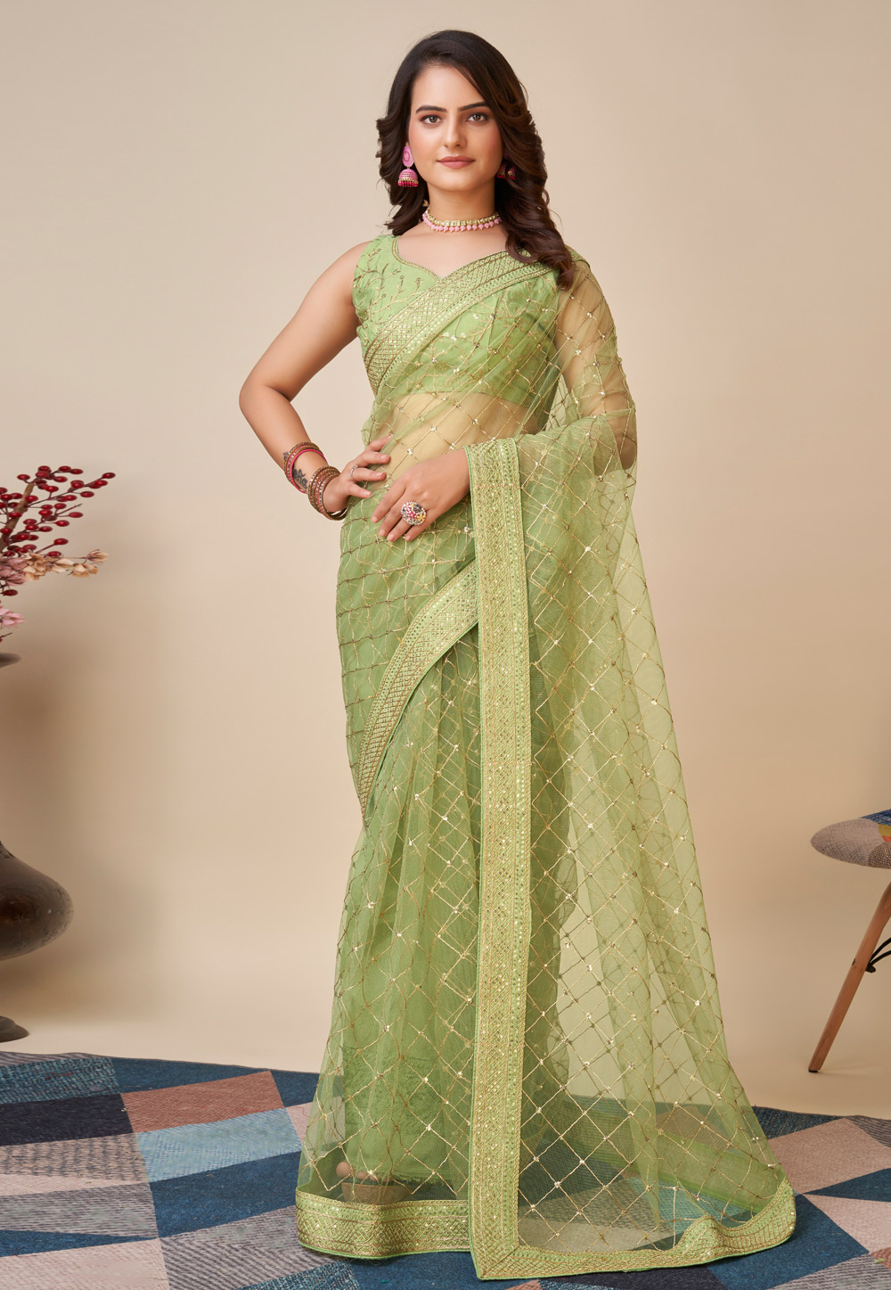 Pista Green Net Saree With Blouse 287534