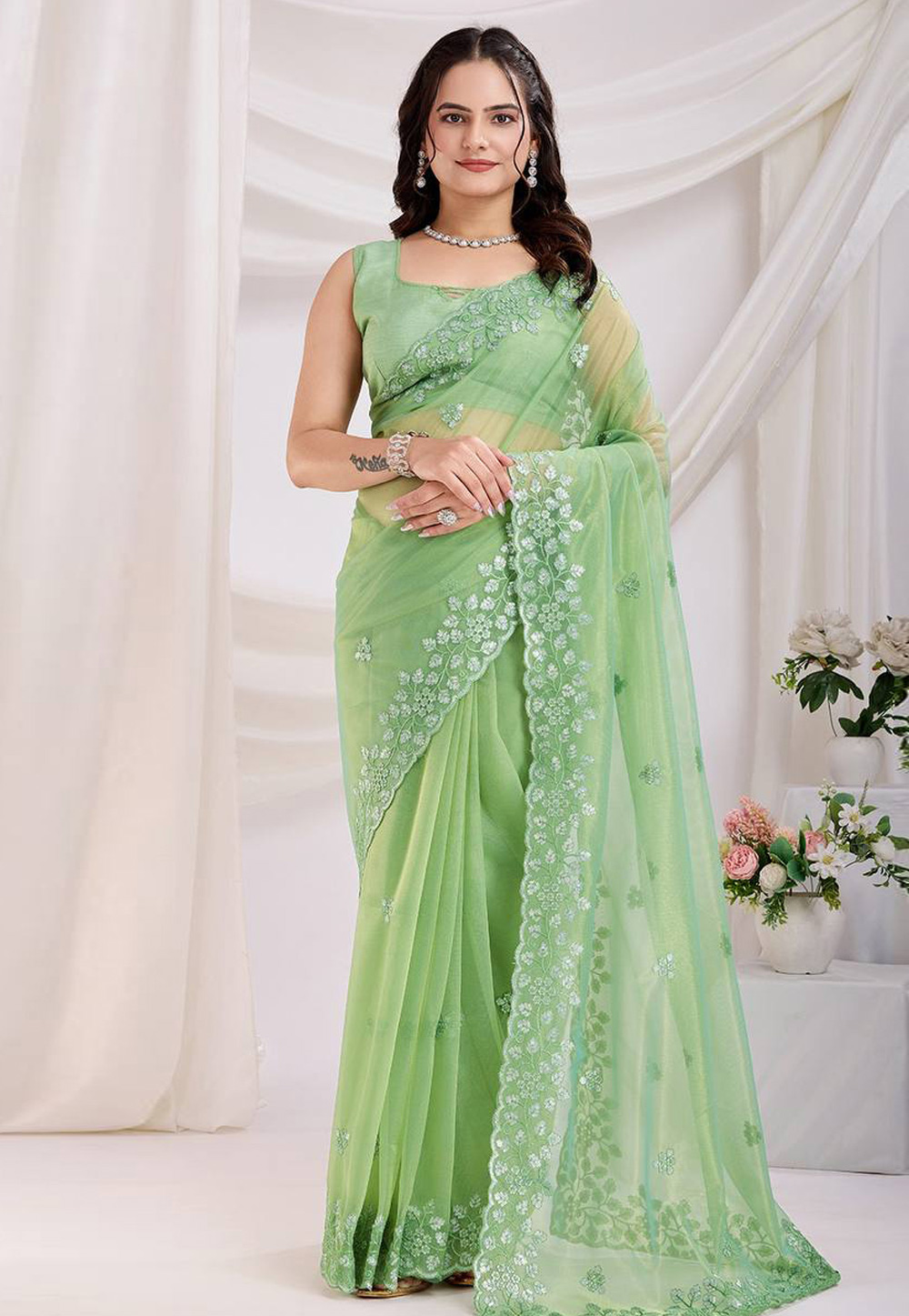 Pista Green Net Saree With Blouse 304974