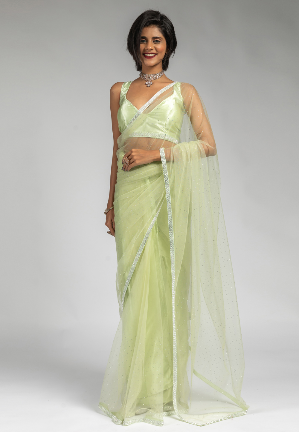 Pista Green Net Saree With Blouse 309356