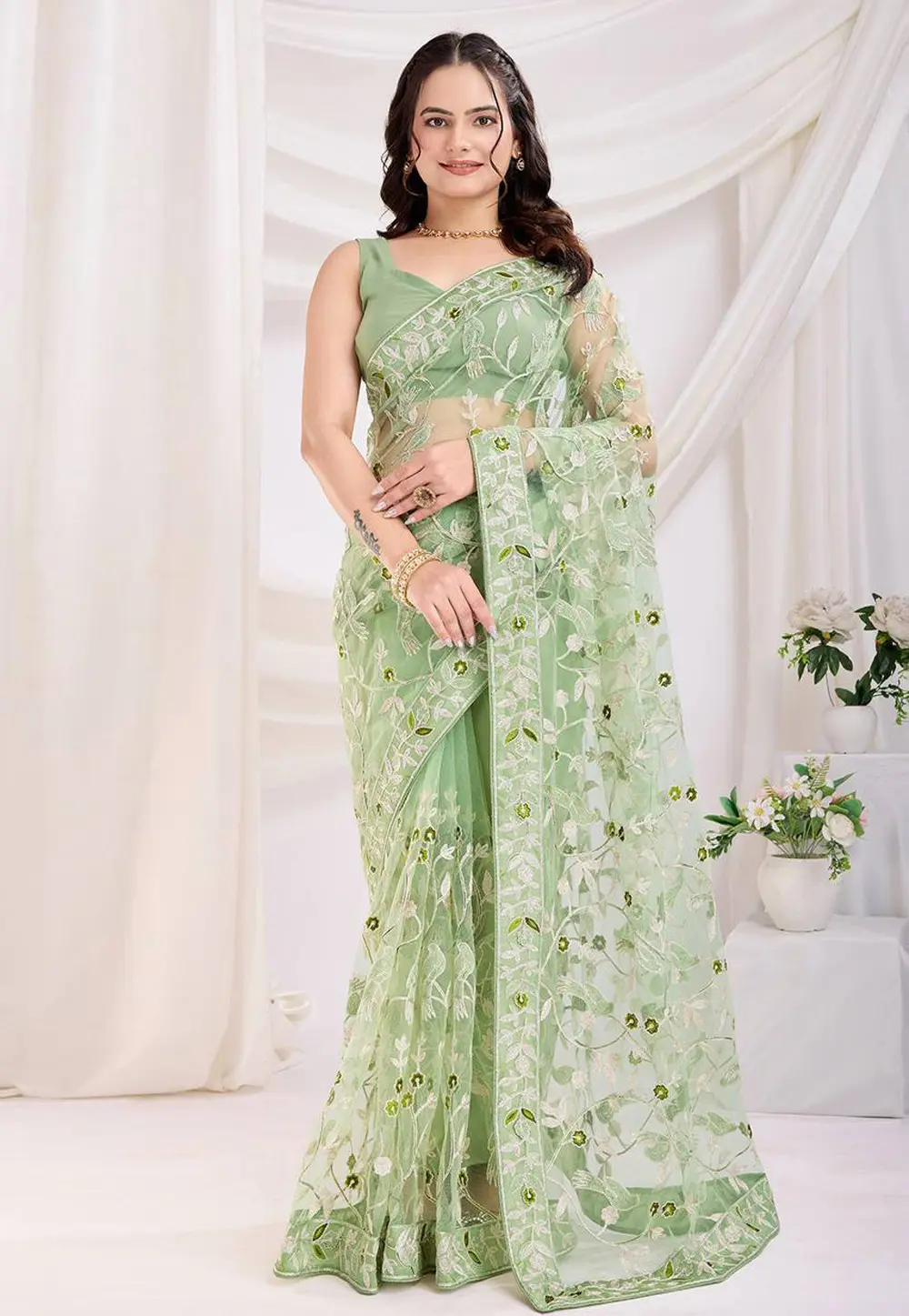 Pista Green Net Saree With Blouse 303258