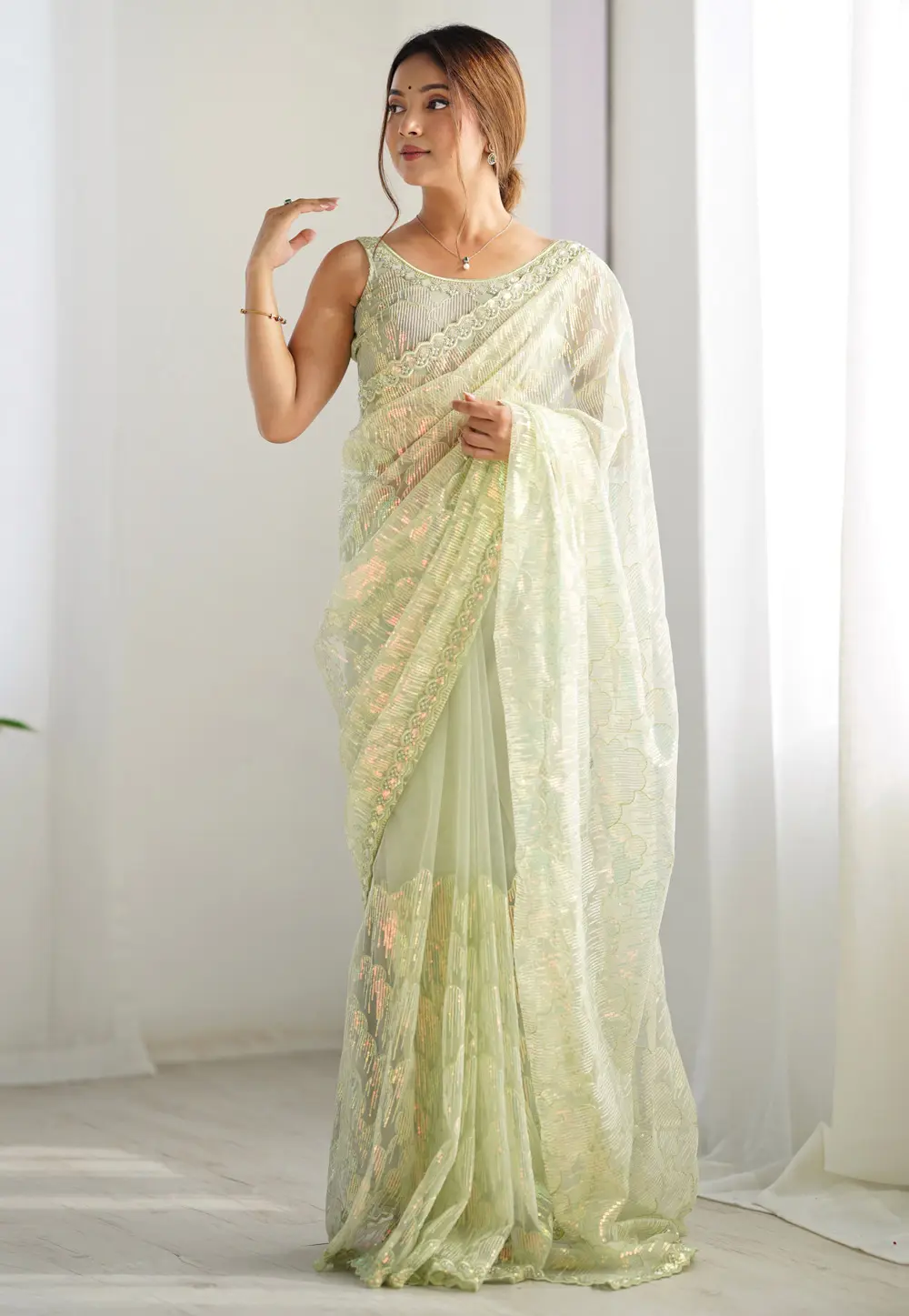 Pista Green Net Saree With Blouse 300314