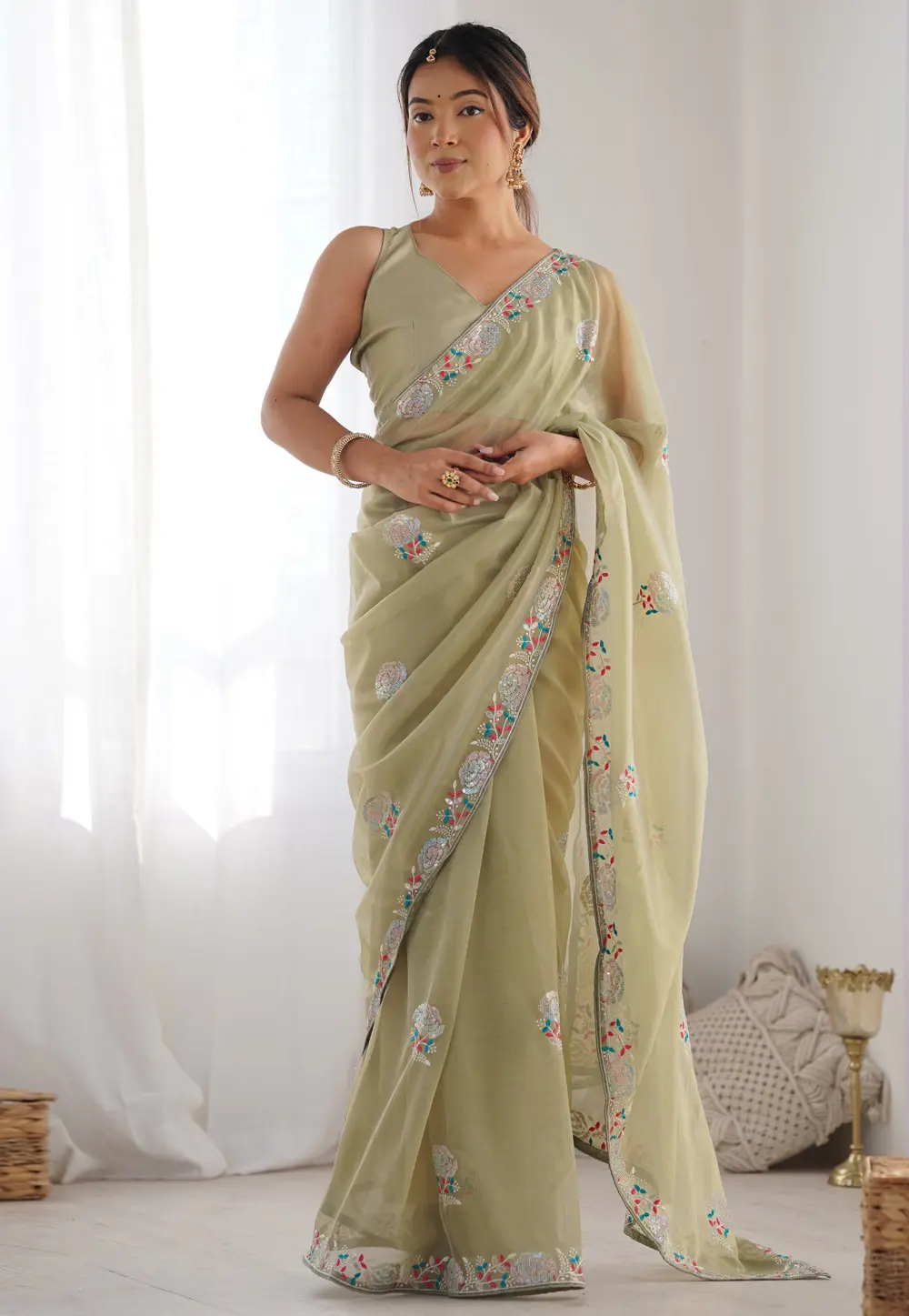 Pista Green Net Saree With Blouse 301554