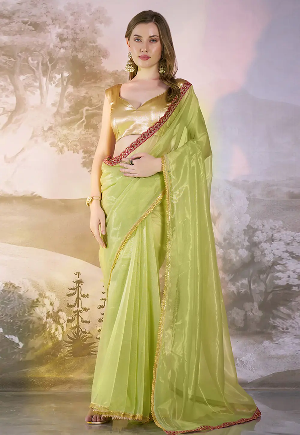 Pista Green Net Saree With Blouse 304539