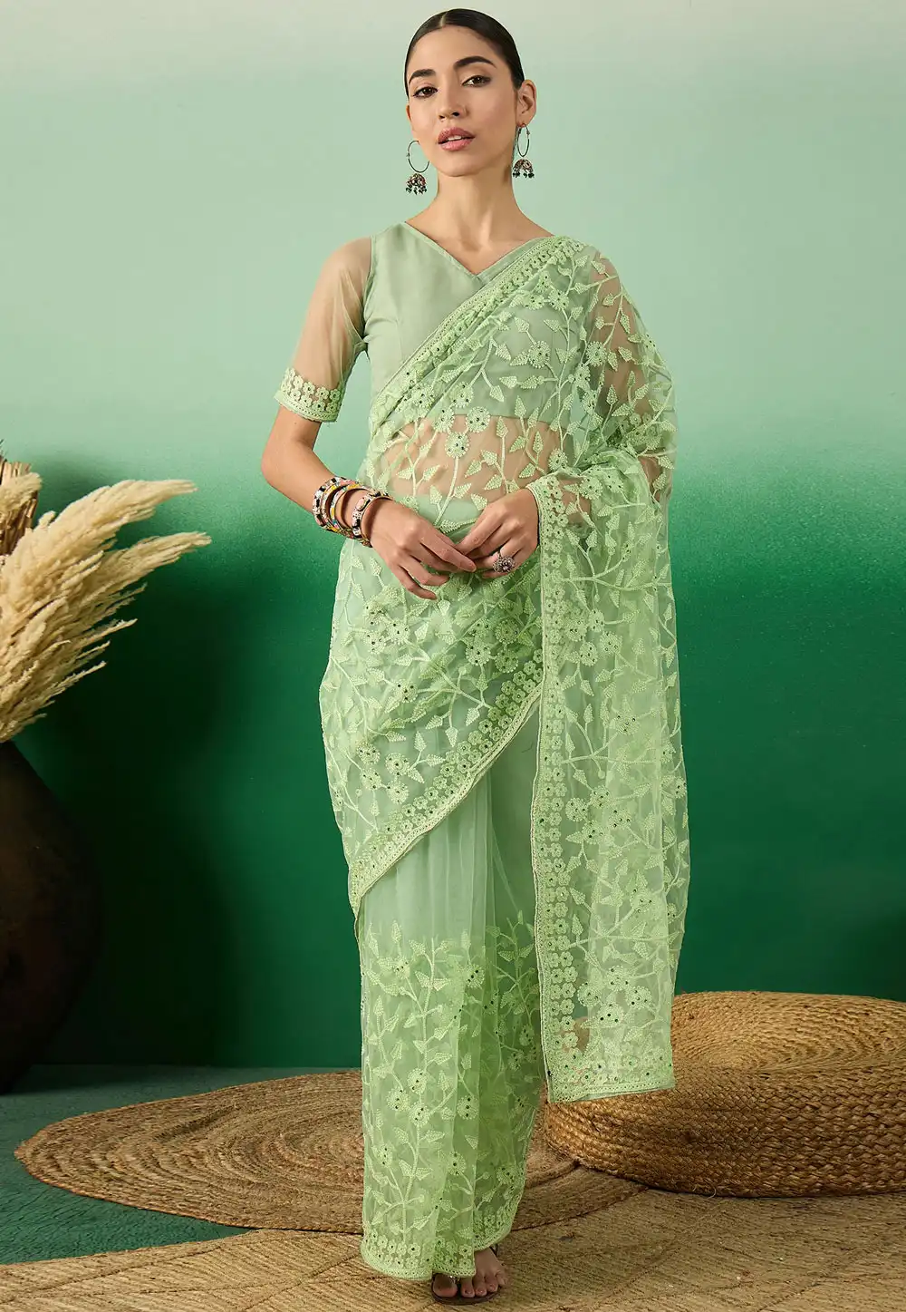 Pista Green Net Saree With Blouse 289760