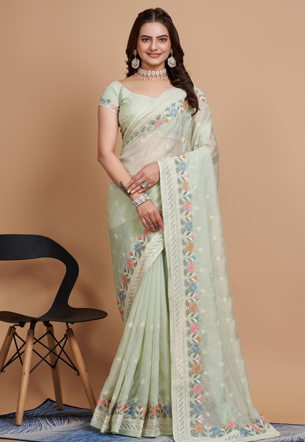 Pista Green Net Saree With Blouse 283426