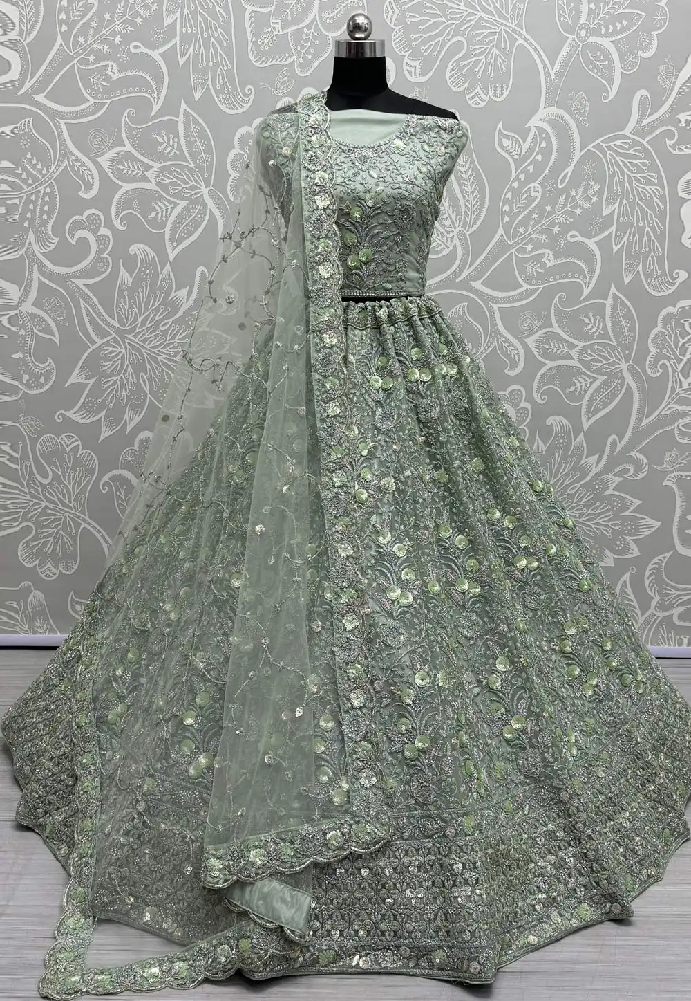 Pista Green Net Wedding Lehenga Choli 293251