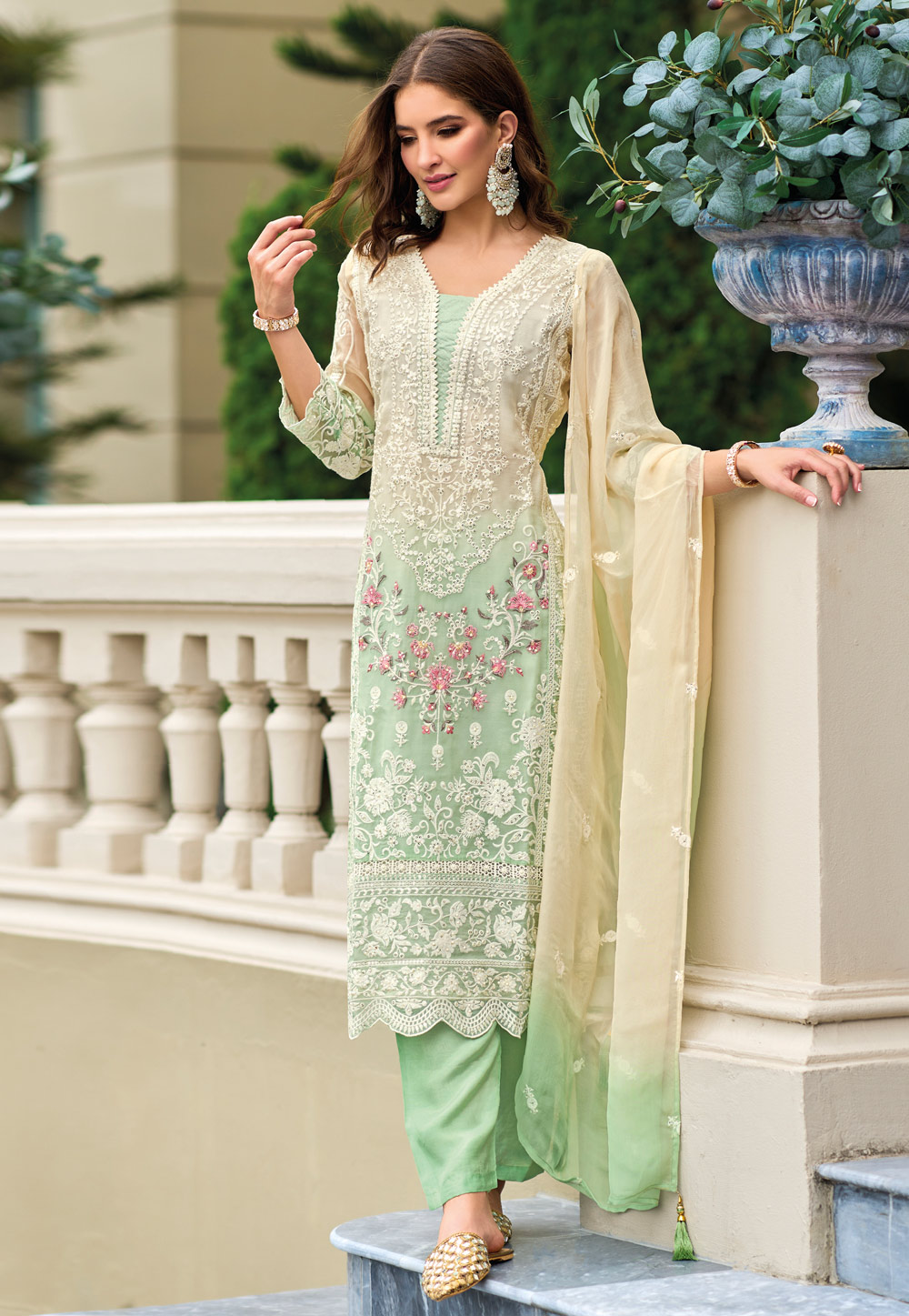 Pista Green Organza Embroidered Pakistani Suit 280633