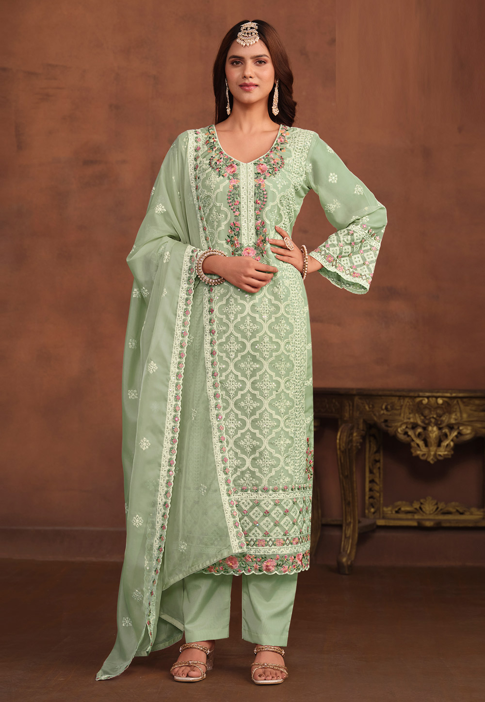 Pista Green Organza Embroidered Pakistani Suit 280747