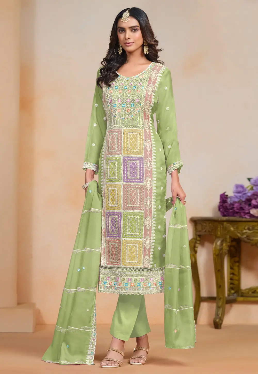 Pista Green Organza Embroidered Straight Suit 296159