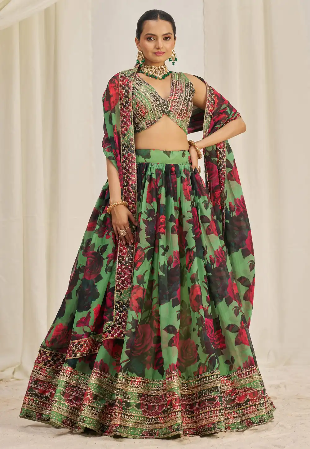 Pista Green Organza Floral Lehenga choli 294442