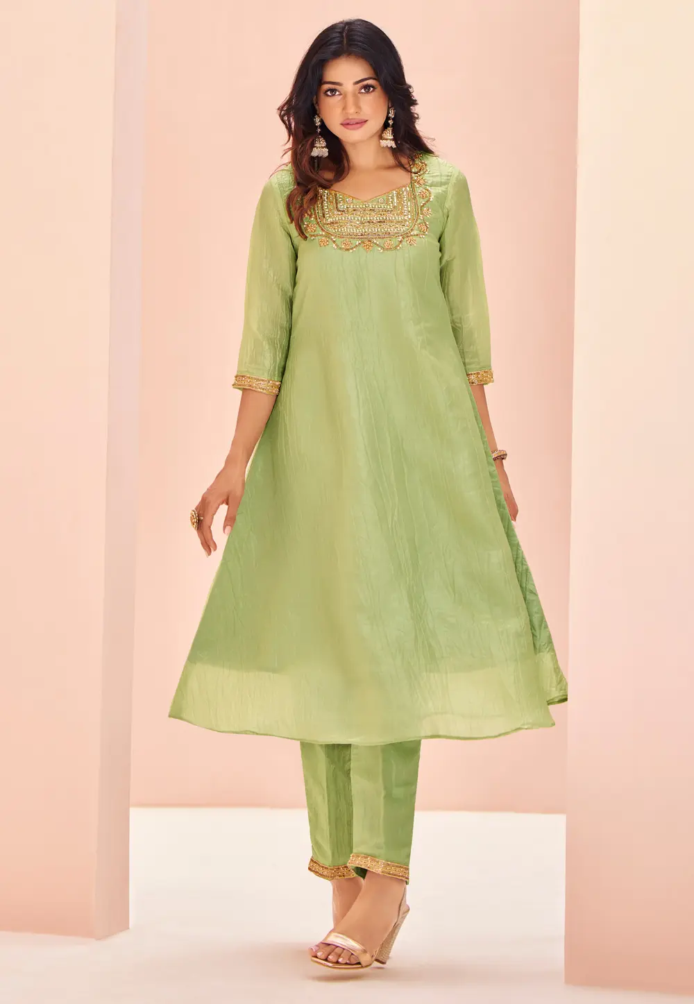 Pista Green Organza Kurta Set With Pent 298458